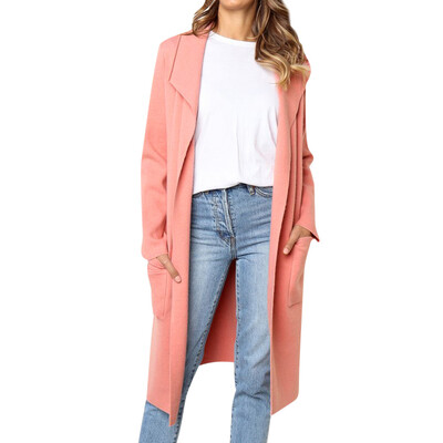 

Toponeto Womens Solid Turndown Collar Pocket Cardigan Long Sleeve Jacket Long Coat