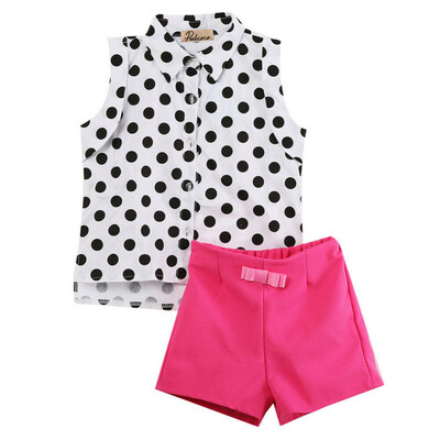

2pcs Kid Baby Girl Summer Clothes Dot Chiffon Shirt TopShorts Pants Outfits Set