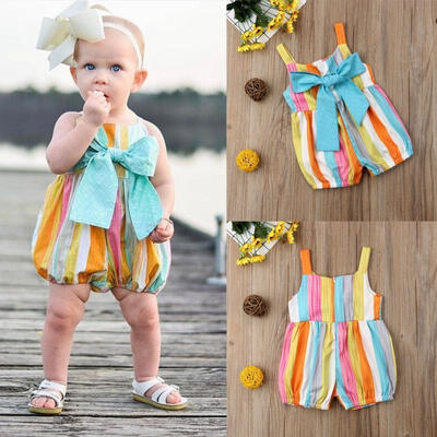 

2019 New Summer Newborn Kids Baby Girls Stripe Strap Romper Outfits The Headband Is Not Included