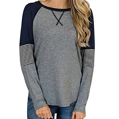 

Women T-Shirt Round Collar Summer Color Matching Loose Long Sleeve Casual Simple Wild t-shirt femme