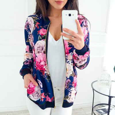 

Roseonmyhand Womens Ladies Retro Floral Printing Zipper Up Jacket Casual Tops Coat Outwear