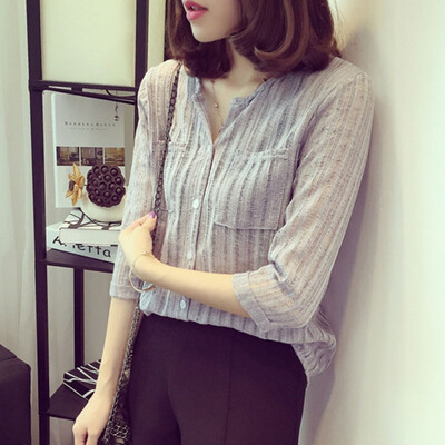 

Women Spring Summer Temperament Solid Color V-neck Cotton And Linen Loose Blouse
