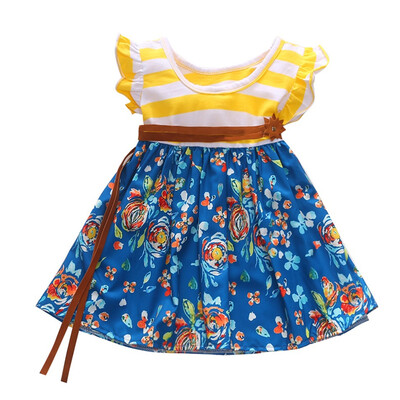

1301 Girls Cotton Striped Flying Sleeve Floral Dress Belt
