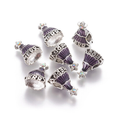

Tibetan Style Alloy European Beads Large Hole Beads with Enamel&Rhinestone Christmas Tree Crystal AB Antique Silver