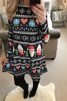 

Womens Christmas Dress Ladies Mini Santa Snowman Long Sleeves Xmas Swing Dresses