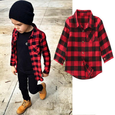 

UK Baby Kids Boys Girls Long Sleeve T Shirt Checks Tops Blouse Clothes Outfits