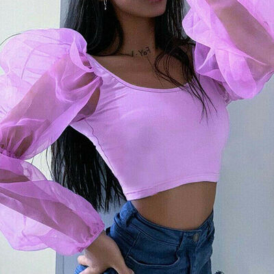 

Women Cropped Tops Sheer Tee Casual T-shirts Mesh Puff Sleeve Blouse Slim Fit
