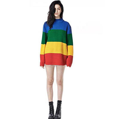 

Women Sweater Casual Splicing Color Warm Soft Knitted Pullover Tops