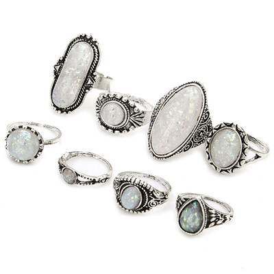 

Retro Ethnic Style Crystal Stone Ring Set Of 8 Fashion Crown Moon Black Stone Set Ring Jewelry Gift
