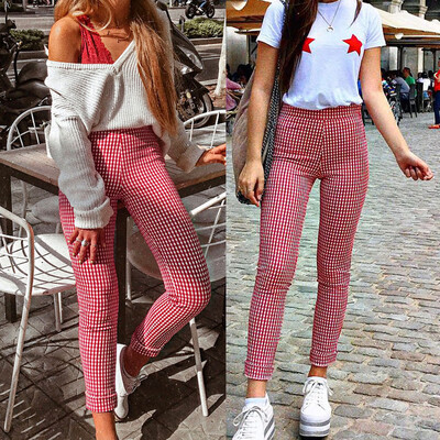 

Women Plaid Casual Pants Skinny Slim High Waist Stretch Trousers