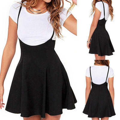 

Fashion Trendy Girl Waist Suspender Women Skirt Black Skater High Waist Pleated Dress