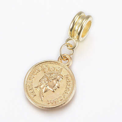 

Alloy European Dangle Beads Large Hole Pendants Lead Free & Cadmium Free Coin Golden 31mm Hole 5mm pendants 18x15x2mm
