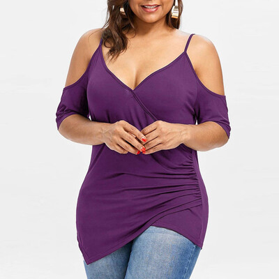 

Roseonmyhand Fashion Womens Plus Size Cutout Asymmetric Cold Shoulder T-shirt V-Neck Tops