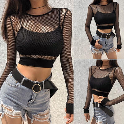 

Newest Fashion Women Girl Sexy Crop Top Long Sleeve Perspective T-Shirt