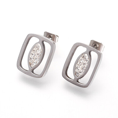 

304 Stainless Steel Stud Earrings with Polymer Clay Rhinestone Rectangle with Horse Eye Stainless Steel Color 14x11x25mm Pin