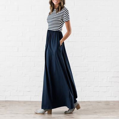

Women\s Autumn Maxi Dress Short Sleeve Striped Top Floral Dresses for Women with
