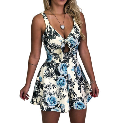 

Starmoon Women Summer Floral Printed Sleeveless V-Neck Bow Knot Jumpsuit Playsuit
