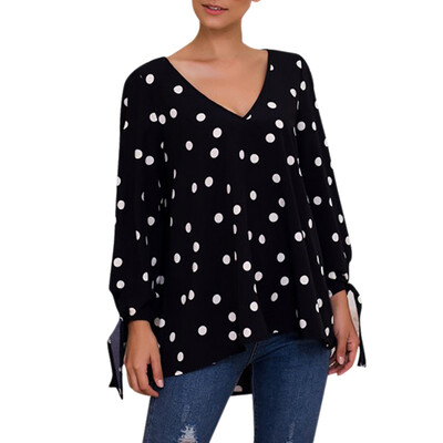 

Fashion New Autumn V-neck Long-sleeved Loose T-shirt Wave Print Lace-up Versatile Shirt