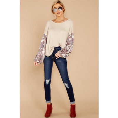 

2019 Europe&the United States spring new womens Amazon AliExpress printing stitching round neck long-sleeved casual T-shirt t
