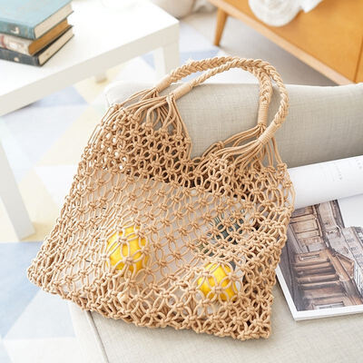 

2019 Large Women Cotton Knitted Tote Solid Summer Style Ladies Beach Handbags Handmade Woven Reusable Shopping Handbags
