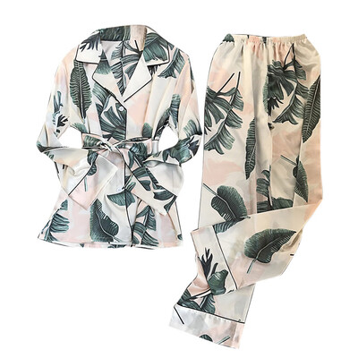 Toponeto Women Simulation Silk Print Pajamas Long-Sleeved Trousers Nightwear Set