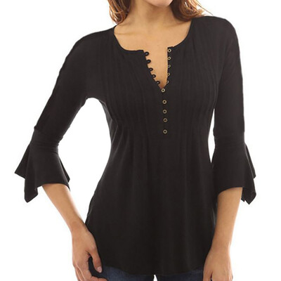 

Womens 34 Sleeve Trumpet Sleeve V-neck  Pleated T-shirt Bottoming Shirt