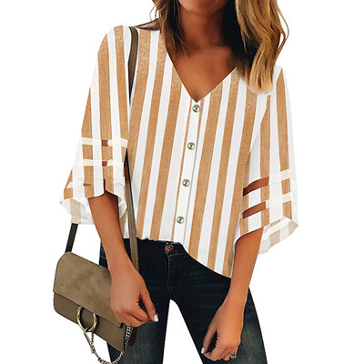 

Starmoon Women Striped Button V Neck Mesh Panel Blouse 34 Bell Sleeve Top Shirt