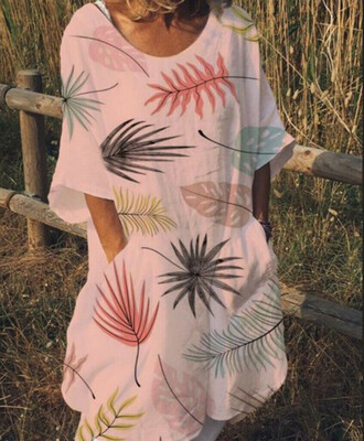 

Womens Fashion Loose Half-Sleeve Long Dress Beach Large Size Floral Dress
