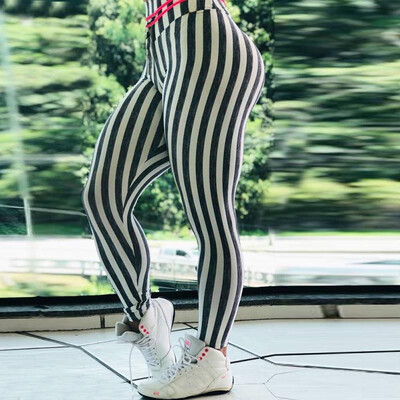 

Spot new wish vertical strip printing yoga fitness pants elastic foot tight womens running sports leggings Vertical