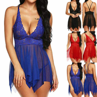 

Women Sexy Chiffon Lingerie Lace Babydoll Underwear Backless Nightwear Plus Size