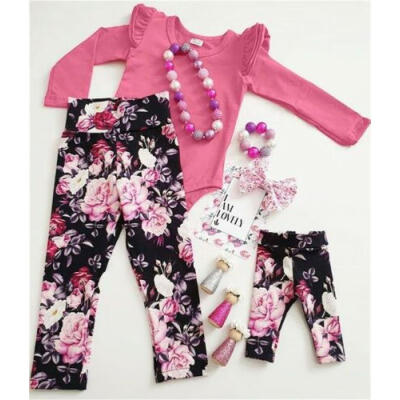 

UK 2PCS Newborn Baby Girl Outfit Long Sleeve Romper Long Pants Trousers Clothes