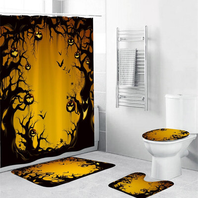 

〖Follure〗Halloween festival 4PCS Non Slip Toilet Polyester Cover Mat Set Bathroom Curtain