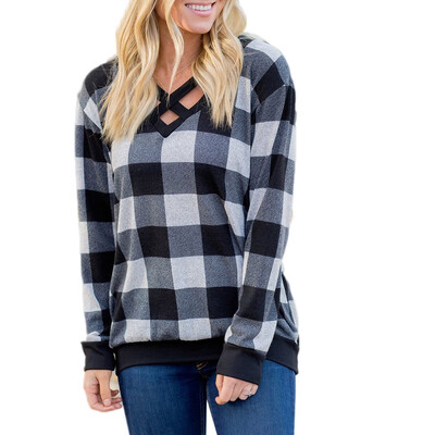 

Nomeni Women Loose Long Sleeve Lattice Splice Pullover Shirt Blouse Top Shirt