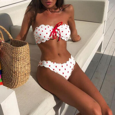 

Women Two Pieces Swimsuit Polka Dots Scalloped Lace up Bikini Set Bathing Swimwear
