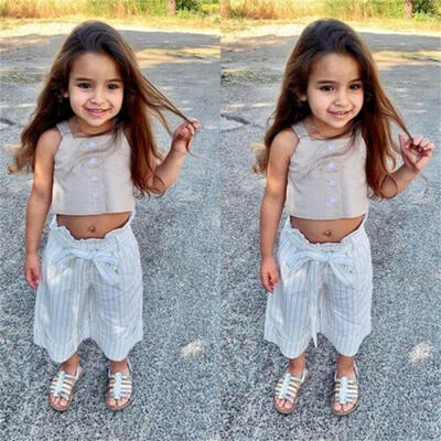 

US 2PCS Toddler Kid Baby Girl Clothes Vest Top Tank Stripe Pants Outfits Set