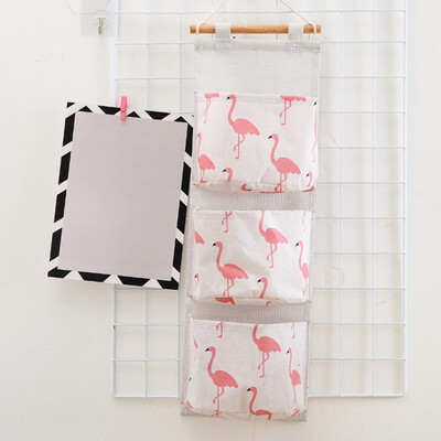 

Pink flamingo cotton&linen hanging bag wall storage decorative bag