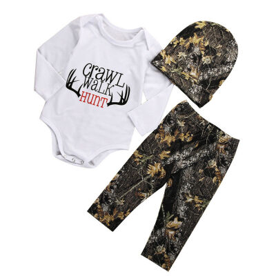 

Crawl Walk Hunt Toddler Baby Boy Romper Tops Pants Hat Outfits Set Clothes 0-18M