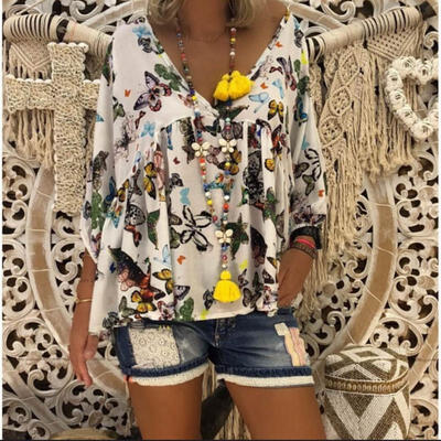 

Plus Size Women&acutes Casual T Shirt Long Sleeve Floral Loose Chiffon Tops Blouse