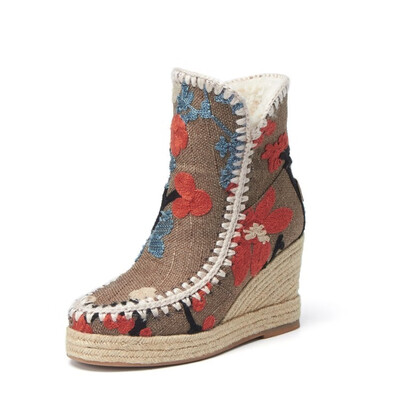 

Linen Knitted Boots Womens Wedge heel Boots for Women Warm Winter Boots Calf Slip-Resistant