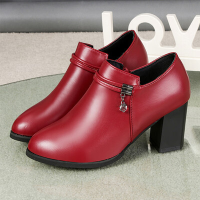 

High-heel single-shoe womens spring air-permeable deep-mouth womens leather shoes middle-aged mothers shoes