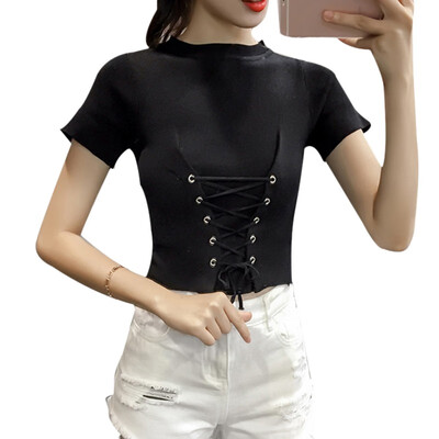 

Womens O Neck Solid Short Sleeve Knitted Lace Up Crop Top