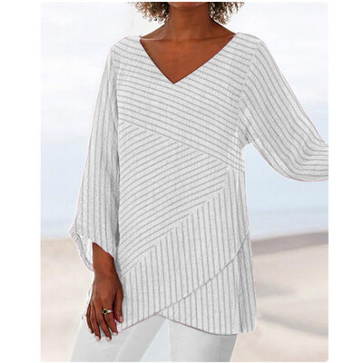 

Women Casual Loose Cotton Linen Striped Long Sleeve Long Shirt Blouse Tunic Tops