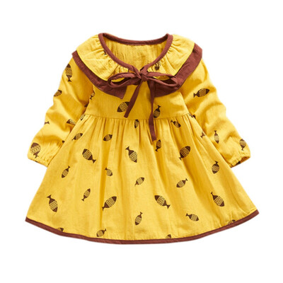

Spring Autumn New Baby Kids Girls Animal Fish Print Long Sleeve Dress Doll Collar Bowknot Solid Color Cotton Comfortable Dresses