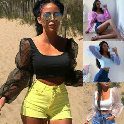 

UK Women Cropped Tops Sheer Tee Casual T-shirts Mesh Puff Sleeve Blouse Slim Fit