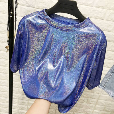

Bright Silk Women Nightclub T-shirt O Neck Casual Short Sleeve Ladies T-Shirt Fashion Wear Summer Party Tops