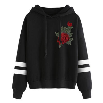 

Winter Warm Women Hoodie Rose Embroidery Long Sleeve Hooded Sweatshirt