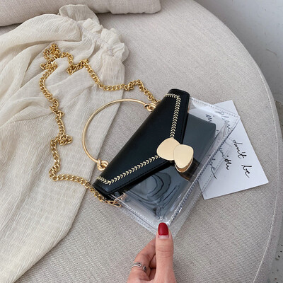 

New 2019 Transparent Women Handbag Small Square Zipper Clear Metal Top Handle Tote Bags PVC Shoulder Messenger Chain Bag Bolso