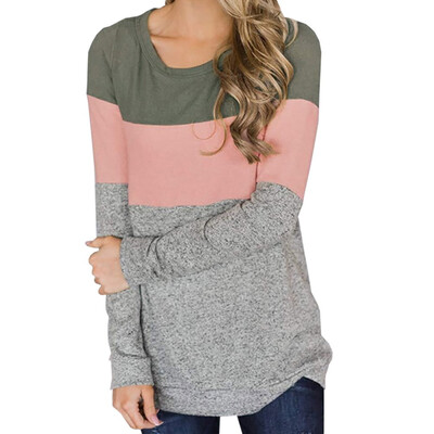 

Women Autumn Three-color Stitching Long Sleeve Cotton T Shirt Ladies Casual Round Neck Pullovers Bottoming Shirt