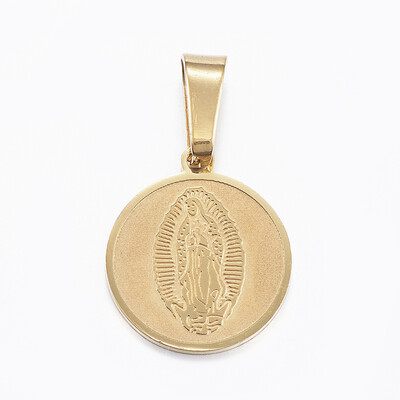 

304 Stainless Steel Pendants Flat Round with Virgin Mary Golden 17x15x1mm Hole 8x4mm