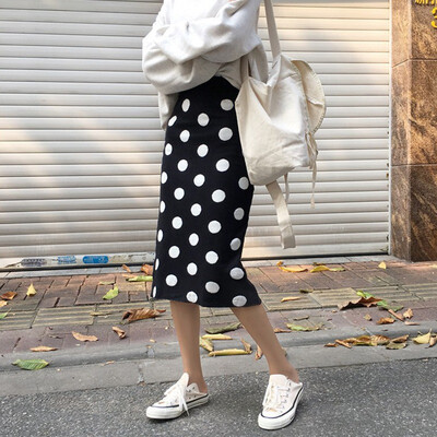 

Autumn Winter High Waist Knitted Women Skirts Wave Point Pencil Lady Mid-Long Skirt